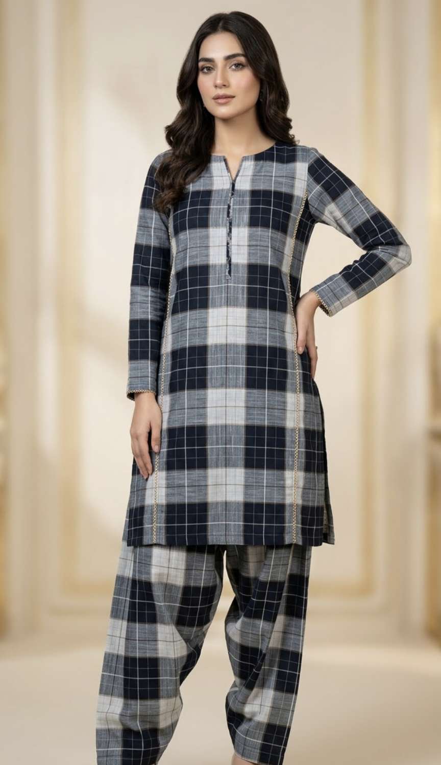 🥳 New Arrivals M-1110  Rs.1390 Imported Most Luxurious Winter Check -Base Karandi Khadder Same print Shirt & Truzer 2pc