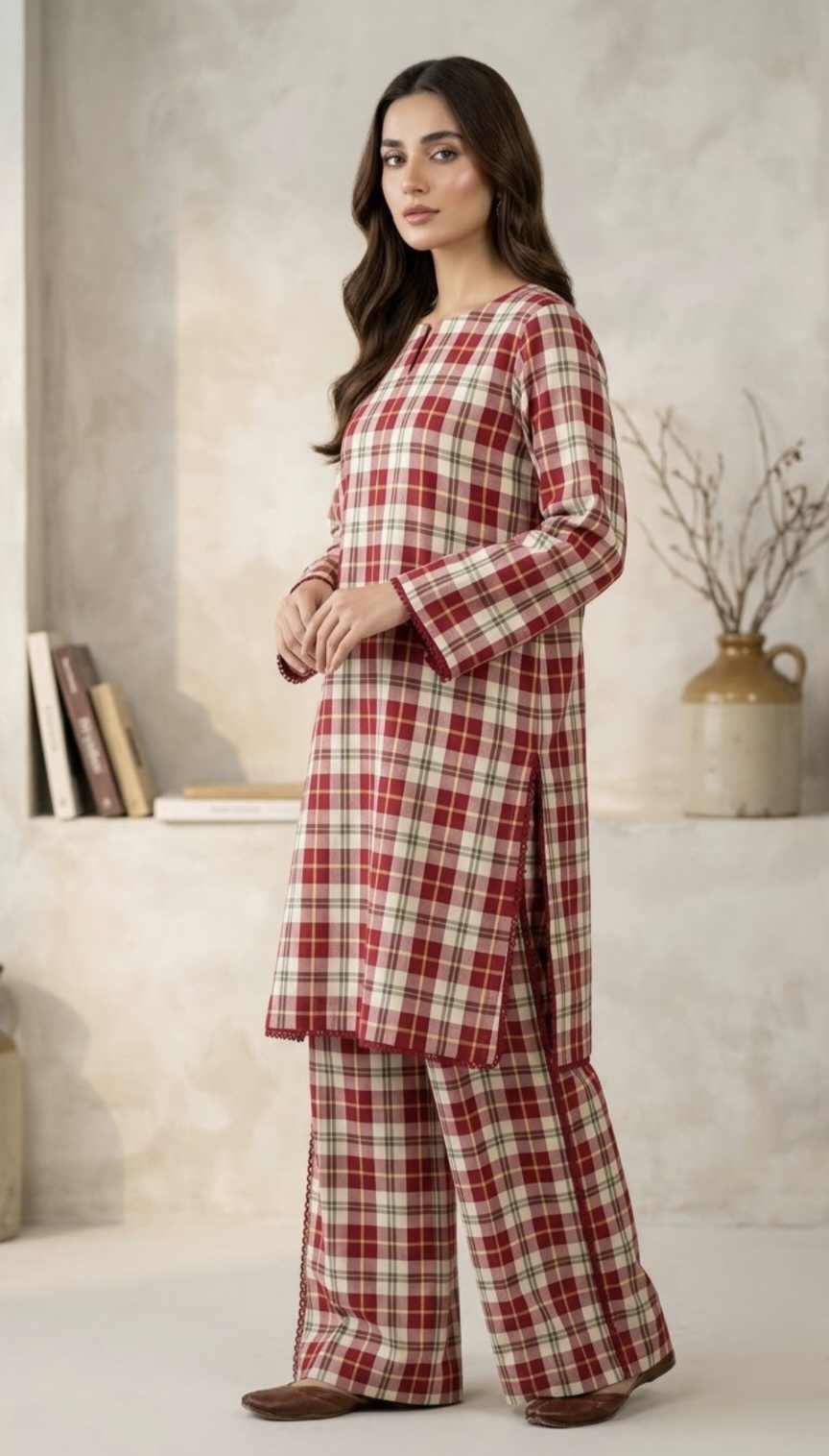 🥳 New Arrivals M-1114. Rs.1390 Imported Most Luxurious Winter Check -Base Karandi Khadder Same print Shirt & Truzer 2pc