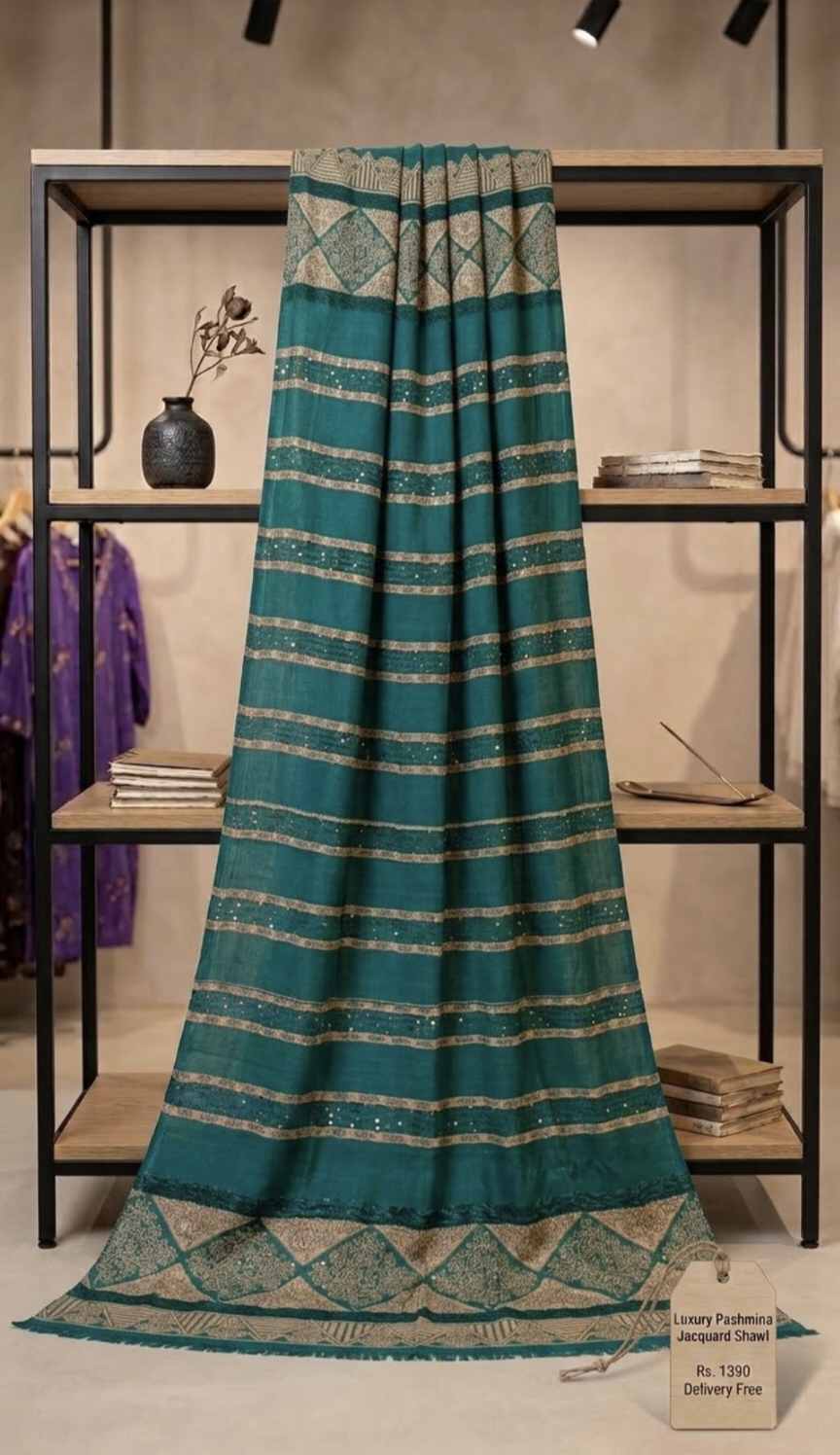😱Big Sale M-1202 Rs.1390 ( Delivery Free) 🚚 Imported Pashmina Velvet Jacquard with Squence Dorria Work Winter Shawl