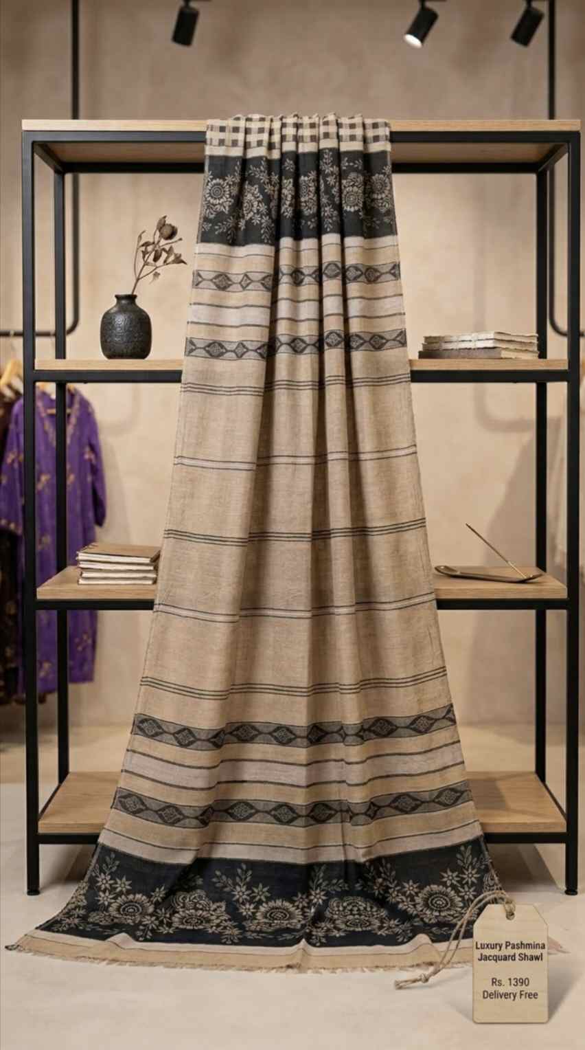 😱Big Sale M-12002  Rs.1390 ( Delivery Free) Imported Most Luxurious Full Size Winter Pashmina Jacquard Ladies Shawl (2.5 yards long by 1.25 yards wide)
