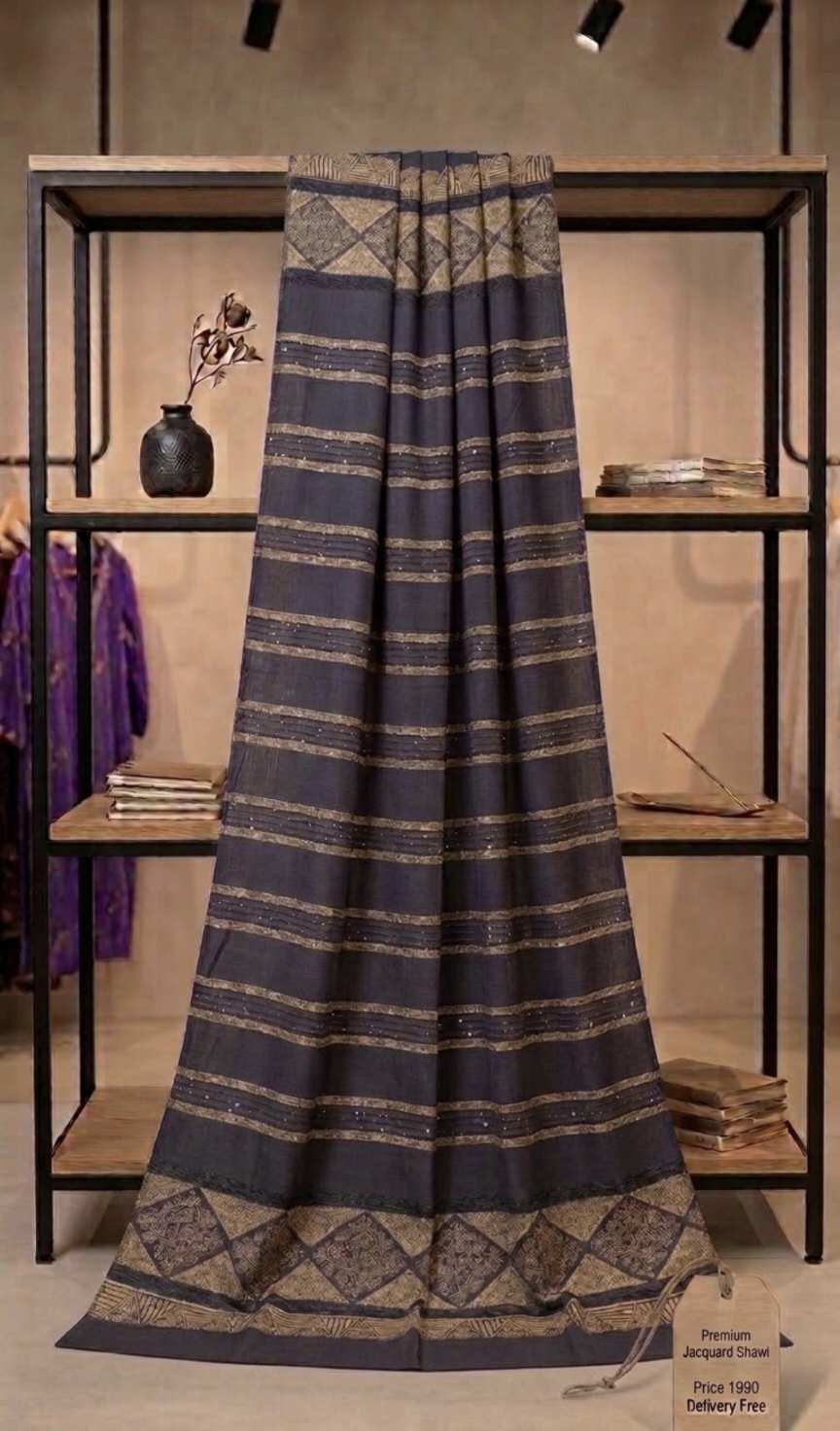 😱Big Sale M-1205. Rs.1390 ( Delivery Free) 🚚 Imported Pashmina Velvet Jacquard with Squence Dorria Work Winter Shawl