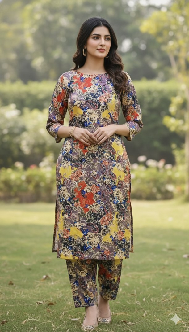 🥳 New Arrivals M-5576. Imported Digital Korean Shesha Velvet Same print Shirt & Truzer 2pc