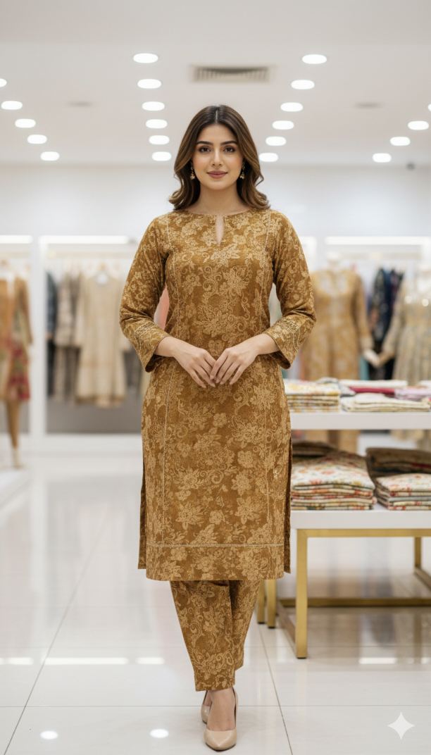 🥳😱 Big Sale M-380  Rs.1150  Imported self print 3-D Velvet Same print Shirt & Trouser 2pc