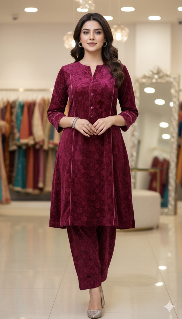 🥳😱 Big Sale M-378  Rs.1150  Imported self print 3-D Velvet Same print Shirt & Trouser 2pc