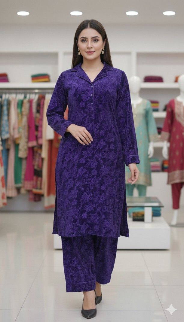 🥳😱 Big Sale M-379  Rs.1150  Imported self print 3-D Velvet Same print Shirt & Trouser 2pc