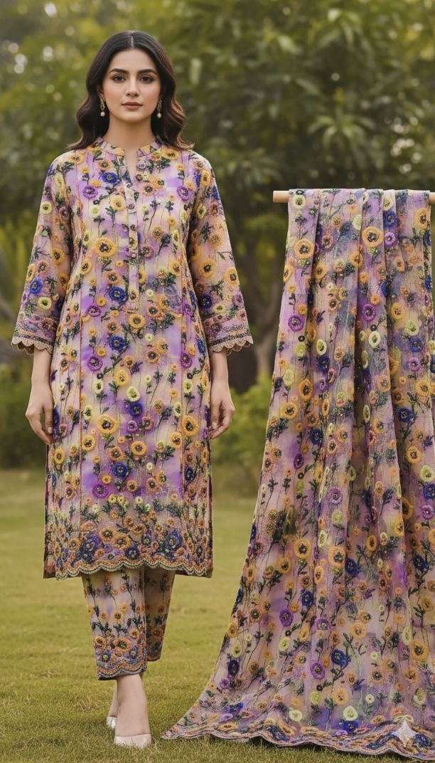 😱 New arrivals in Market M-5710  Imported Luxury 5-D Stone Lelin Same print Shirt & Truzer 2pc Most High demanding