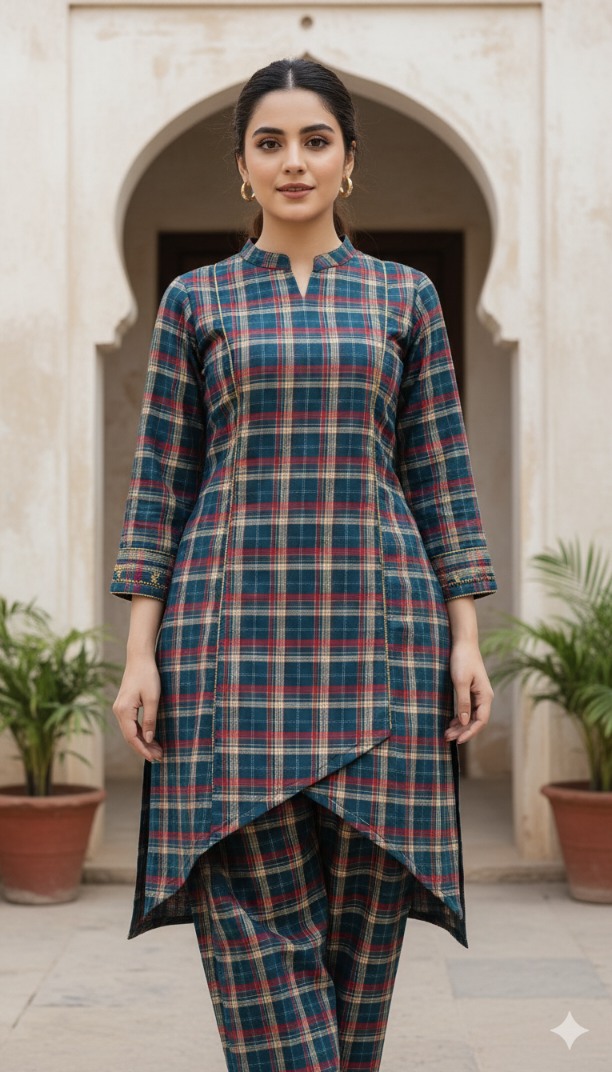 🥳 Sale Sale M-5826 Imported Check- Base( korean Wool Marina) Same print shirt & Truzer 2pc