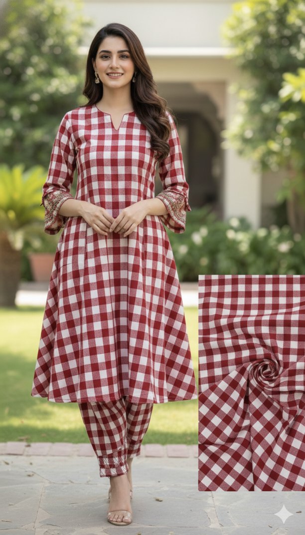 🥳 Sale Sale M-5822  Imported Check- Base( korean Wool Marina) Same print shirt & Truzer 2pc