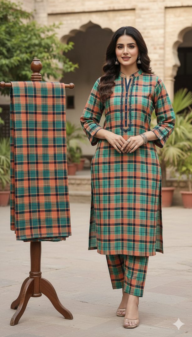 🥳 Sale Sale M-5821  Imported Check- Base( korean Wool Marina) Same print shirt & Truzer 2pc