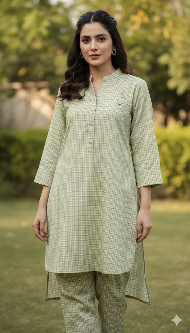 🥳 Sale Sale M-5907  Imported Check- Base Luxury Winter (Crepe Marina) Same print Shirt & Truzer 2pc