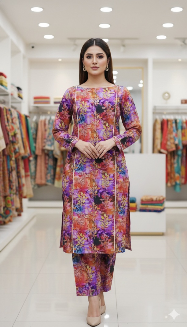 M-6001  Imported Digital Winter ☃️ Boutique Stone Lelin Same print Shirt & Truzer 2pc