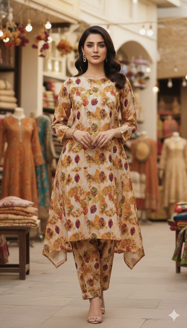 M-5999  Imported Digital Winter ☃️ Boutique Stone Lelin Same print Shirt & Truzer 2pc