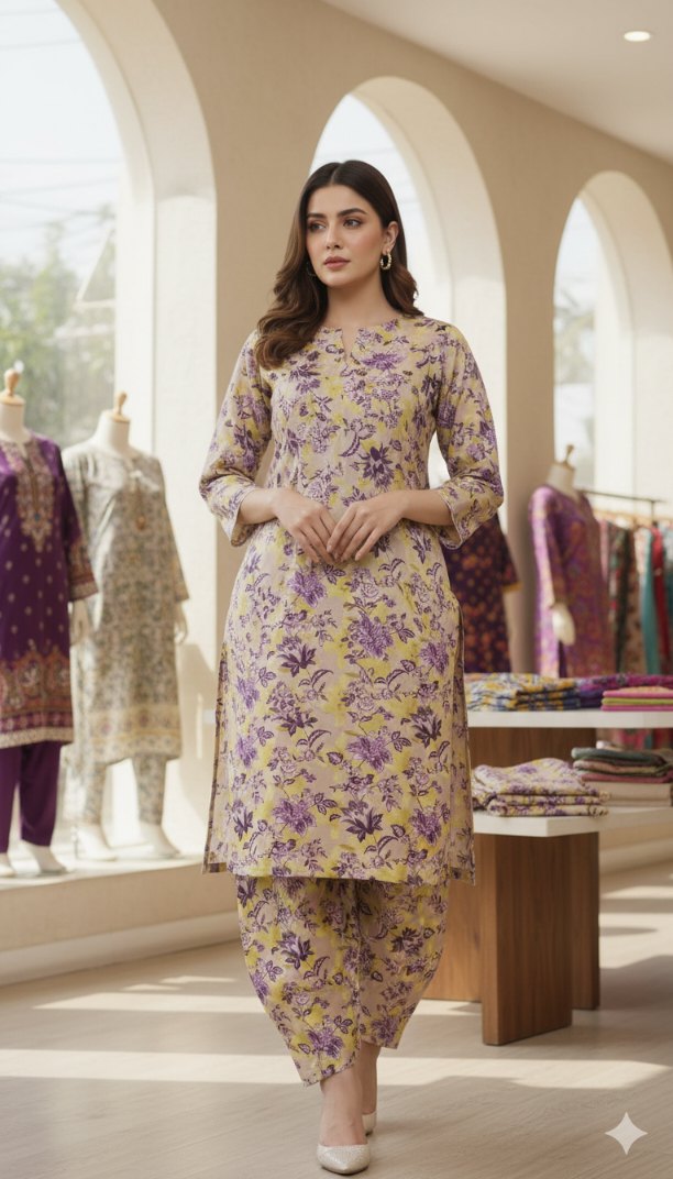 M-6031  Imported Luxury Korean Woolen Velvet Same print Shirt & Trouser 2pc