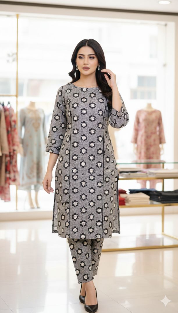 🥳 Sale Sale M-6368 Imported Korean Woolen Velvet Same print Shirt & Truzer 2pc