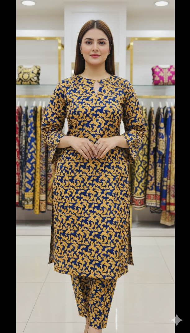 🥳 Sale Sale M-6418   Imported Korean Kotrai  Woolen Velvet Same print Shirt & Truzer 2pc