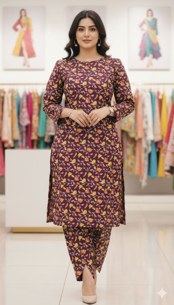 🥳 Sale Sale M-6416   Imported Korean Kotrai  Woolen Velvet Same print Shirt & Truzer 2pc